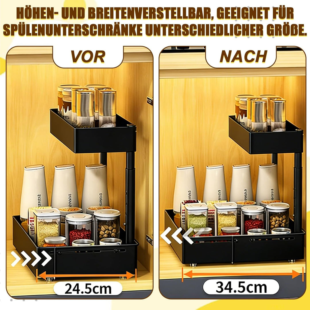 Spülschrank Organizer Ausziehbar – 2 Etagen Unterschrank Organizer Schwarz | Küche Höhenverstellbar