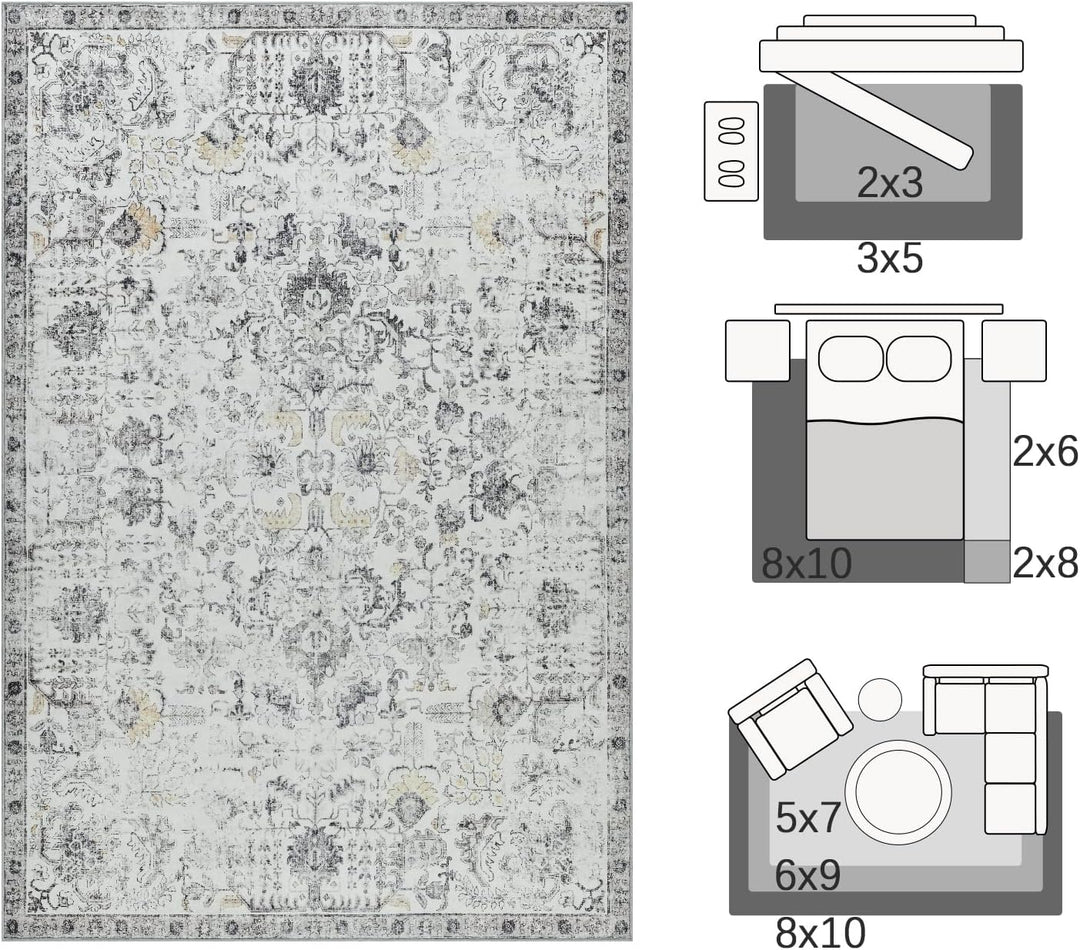 TOPICK Teppich Fussmatte Waschbar Fussmatte Innen Aussen Kurzflor Retro Grau Blume Orientalischer Te