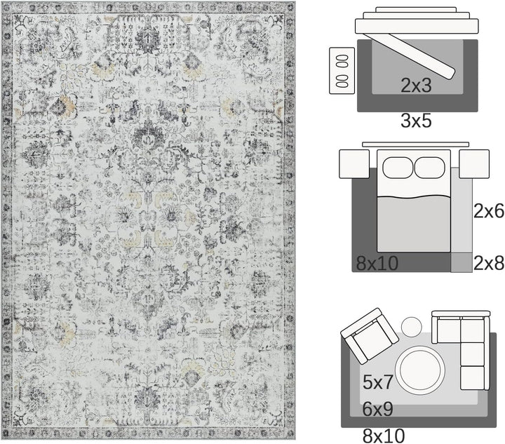 TOPICK Teppich Fussmatte Waschbar Fussmatte Innen Aussen Kurzflor Retro Grau Blume Orientalischer Te