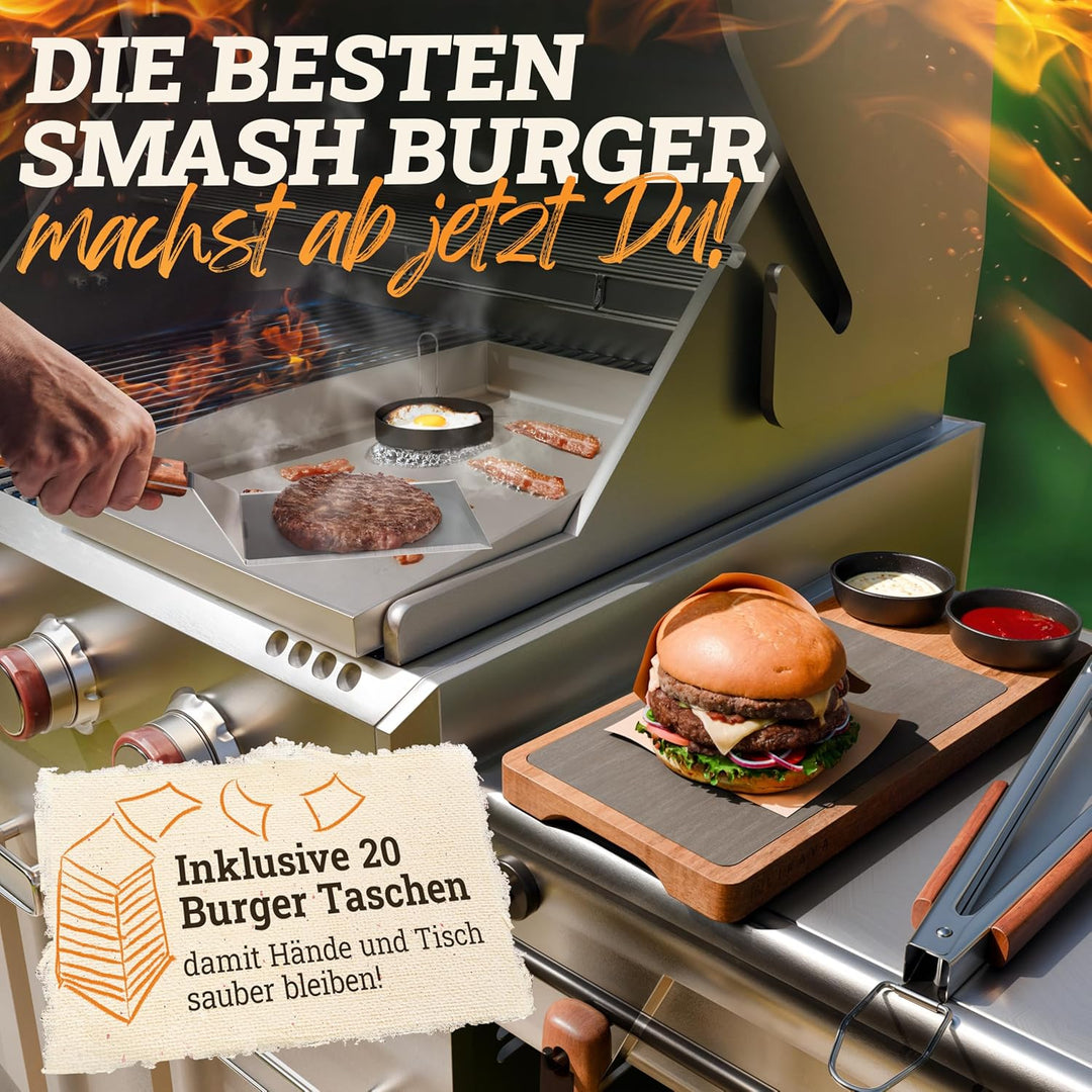 [BUNDLE] Plancha Edelstahl Grillplatte [30x40cm] + Burger-Smasher Set – 4x Grillspachtel & Burger Sm
