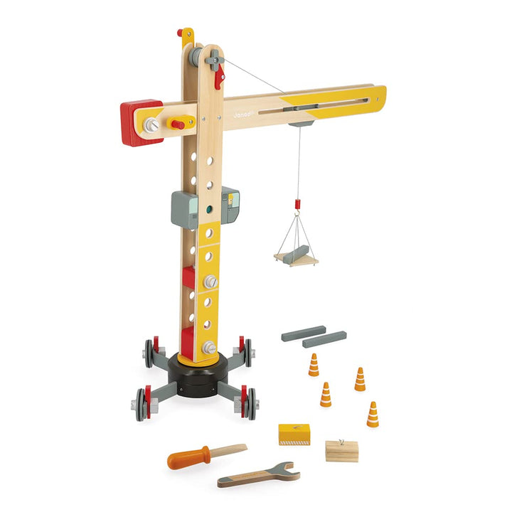 Janod - Grosser Holzkran 74 cm - Rollenspielzeug - Konstruktionsspiel - 360° Drehbar und Mobil - 12