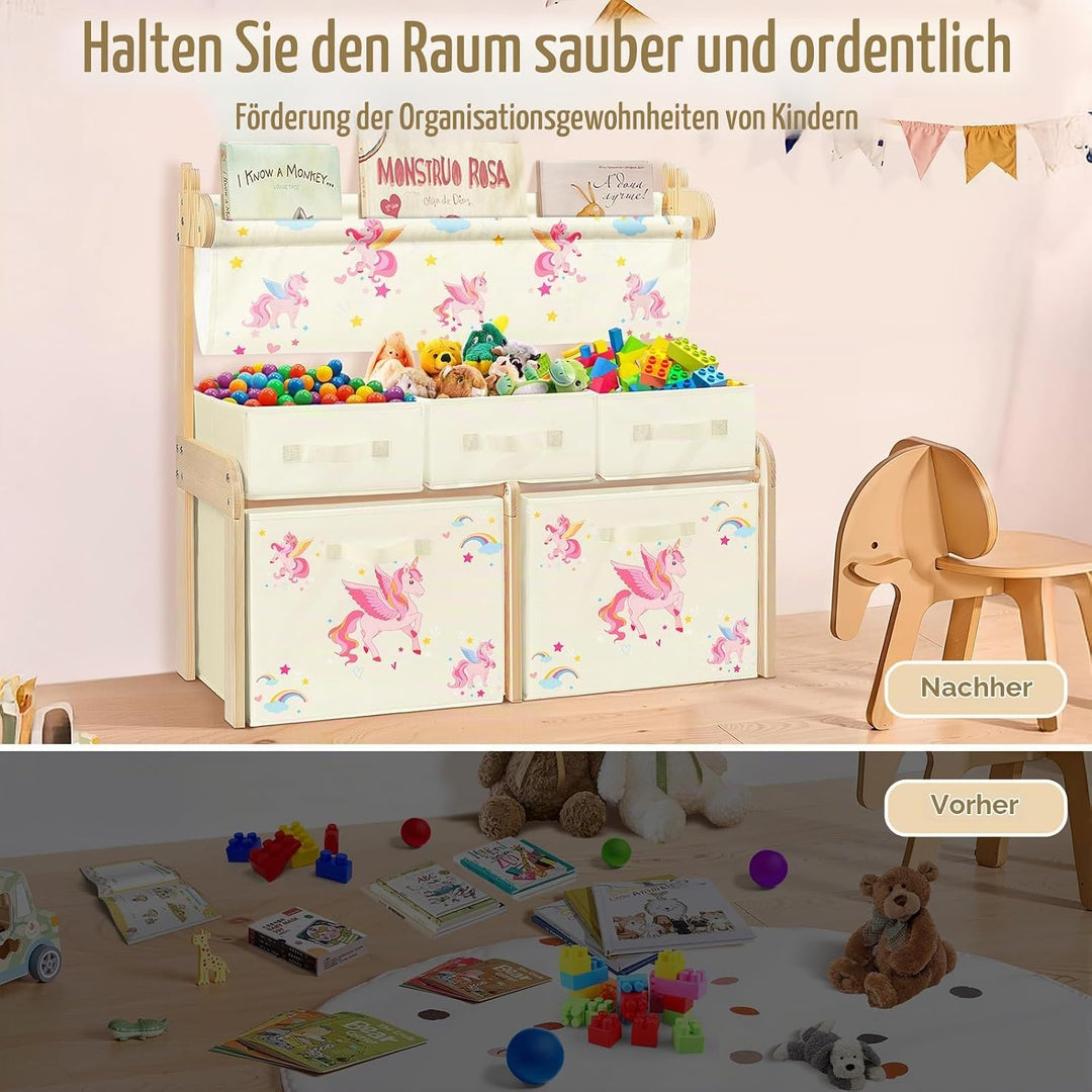 Kinderregal, Spielzeugregal, Bücherregal Kinder mit 5 Aufbewahrungsboxen 1 Hängefächern,3 Ebenen Kin