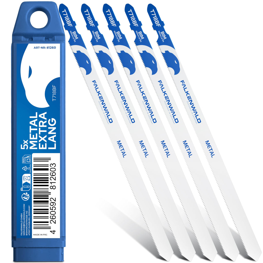 FALKENWALD® Stichsägeblätter Metall 5x T718BF – Extra lange Sägeblätter 180mm für Metall, Kunststoff