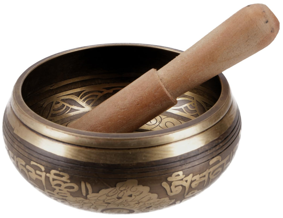 GURU SHOP Klangschale aus Nepal, Handgefertigt aus Massivem Messing mit Verzierungen, Incl. Klöppel