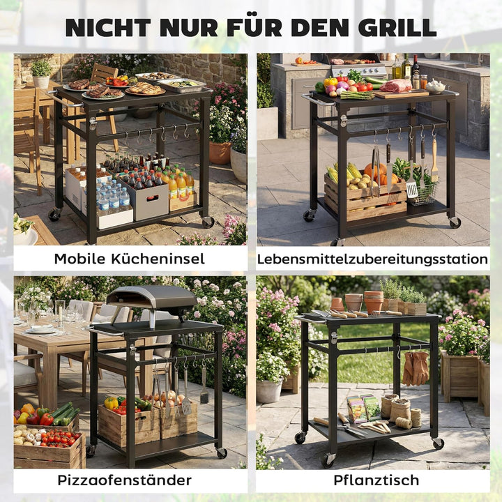 Outsunny Grillwagen 2-Etagen Grilltisch mit Metalloberfläche, Griff und Haken, mobiler Servierwagen