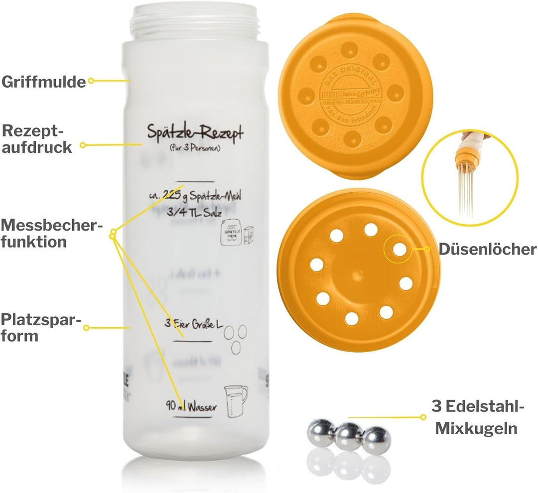 Einsteiger-Set zum Spätzle selber machen mit Spätzle-Shaker (875ml orange) 4 Portionen &amp; Rezeptbuch