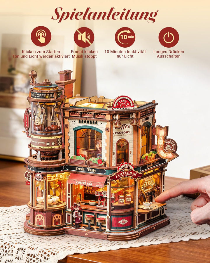ROKR Dream Coffee Factory EAB02 DIY Miniatur Puppenhaus Spieluhr für Erwachsene, Mechanisches Kaffee