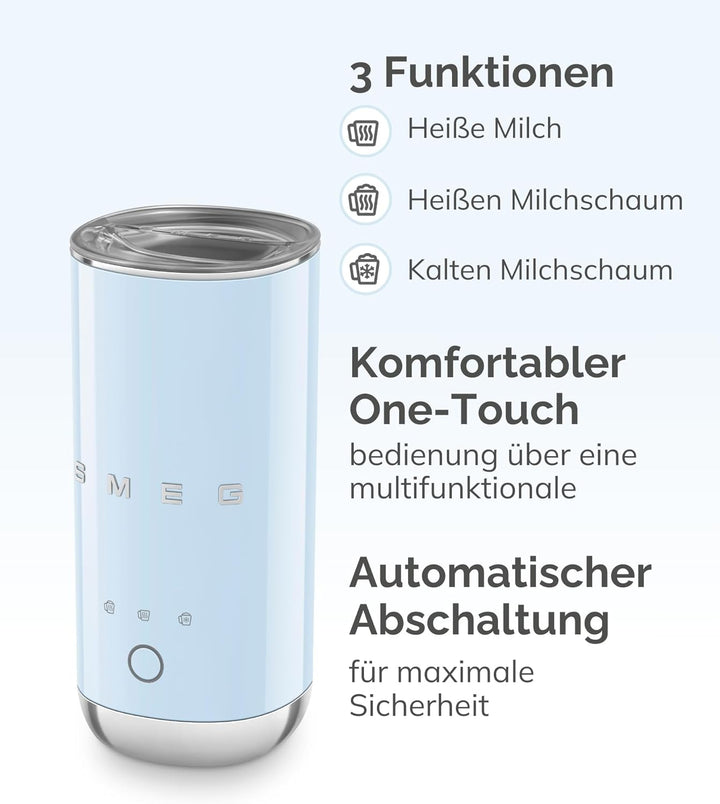 Smeg, MFF02PBEU Elektrischer Milchaufschäumer, 3 Getränkefunktionen, abnehmbarer Schneebesen, Antiha