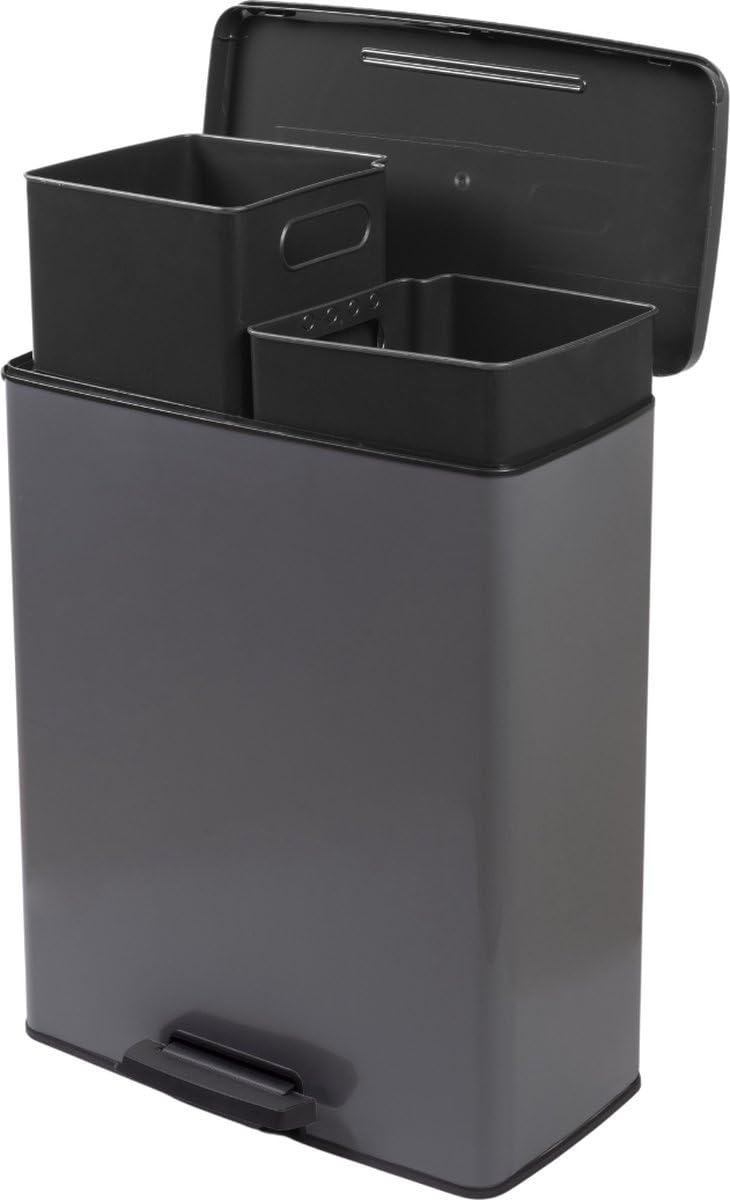 Curver Decobin Duo Tretmülleimer, 52L Gesamtvolumen, Grau – mit Mülltrennung und 2 herausnehmbaren 2