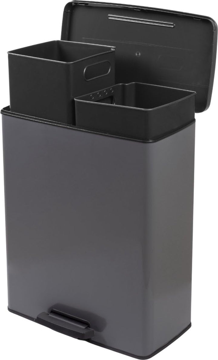 Curver Decobin Duo Tretmülleimer, 52L Gesamtvolumen, Grau – mit Mülltrennung und 2 herausnehmbaren 2