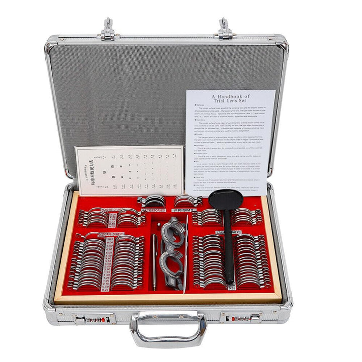 104 Stück Testlinsen-Set Optometrie Metall mit Metallrahmen und Aluminiumetui Optometrisches Zubehör