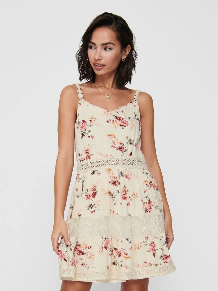 Only Damen Kleid Karmen Anne Träger-Kleid mit Blumen-Muster 15177478 Creme brûlée: Rose Flower 34 EU