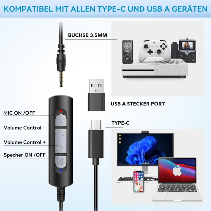 Wantek 601N Headset Typ-C Mono mit Mikrofon Noise Cancelling und 3,5mm Stecker USB C auf A Adapter f