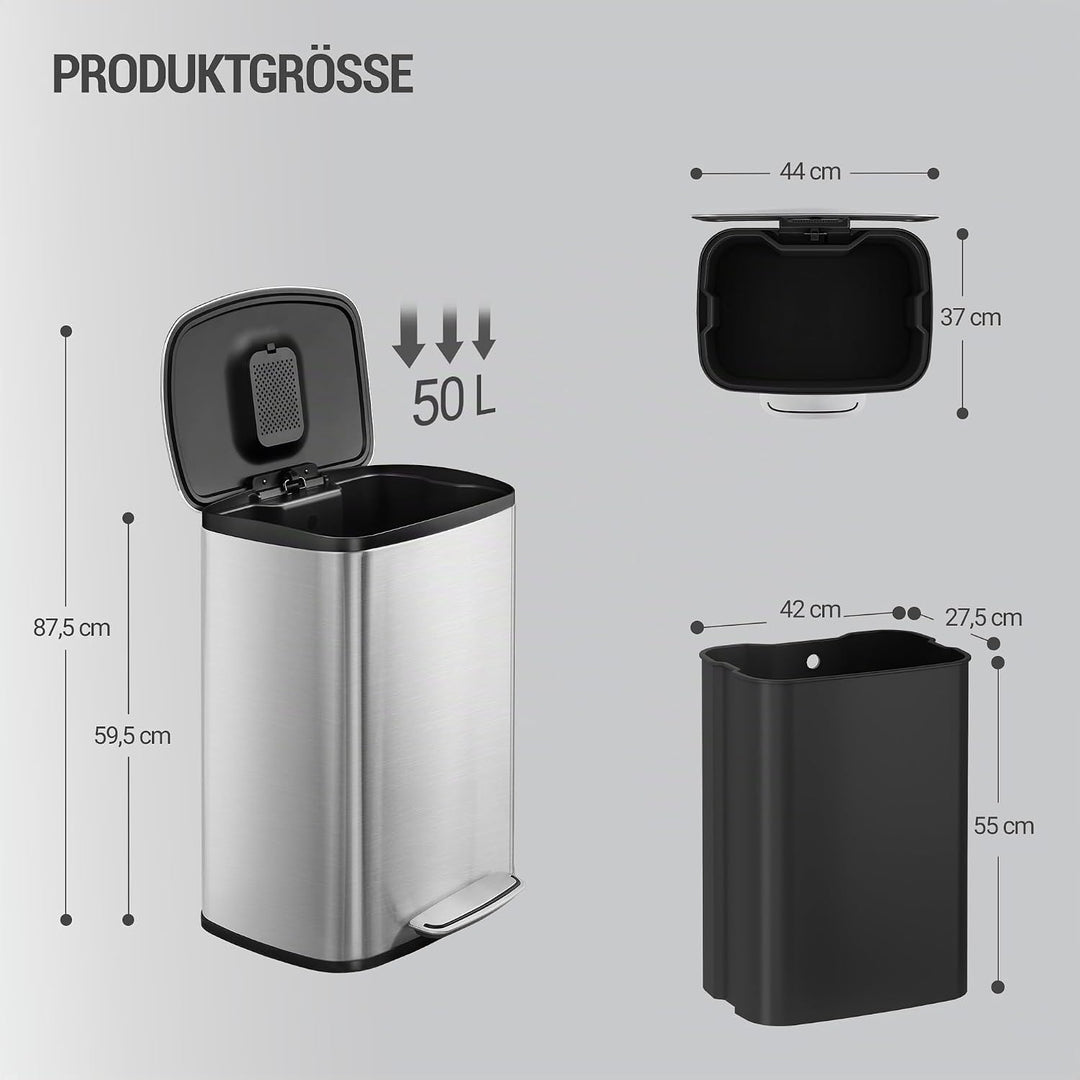 Hzuaneri Mülleimer Küche, 50 Liter Abfalleimer mit Tretpedal, Tretmülleimer mit Softclose-Deckel und