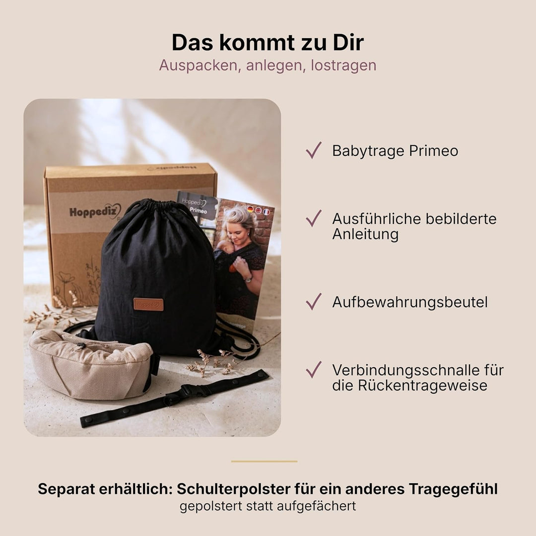 Hoppediz Primeo Babytrage für Neugeborene – Ergonomische Babytrage aus 100% kbA Baumwolle – Bauchtra