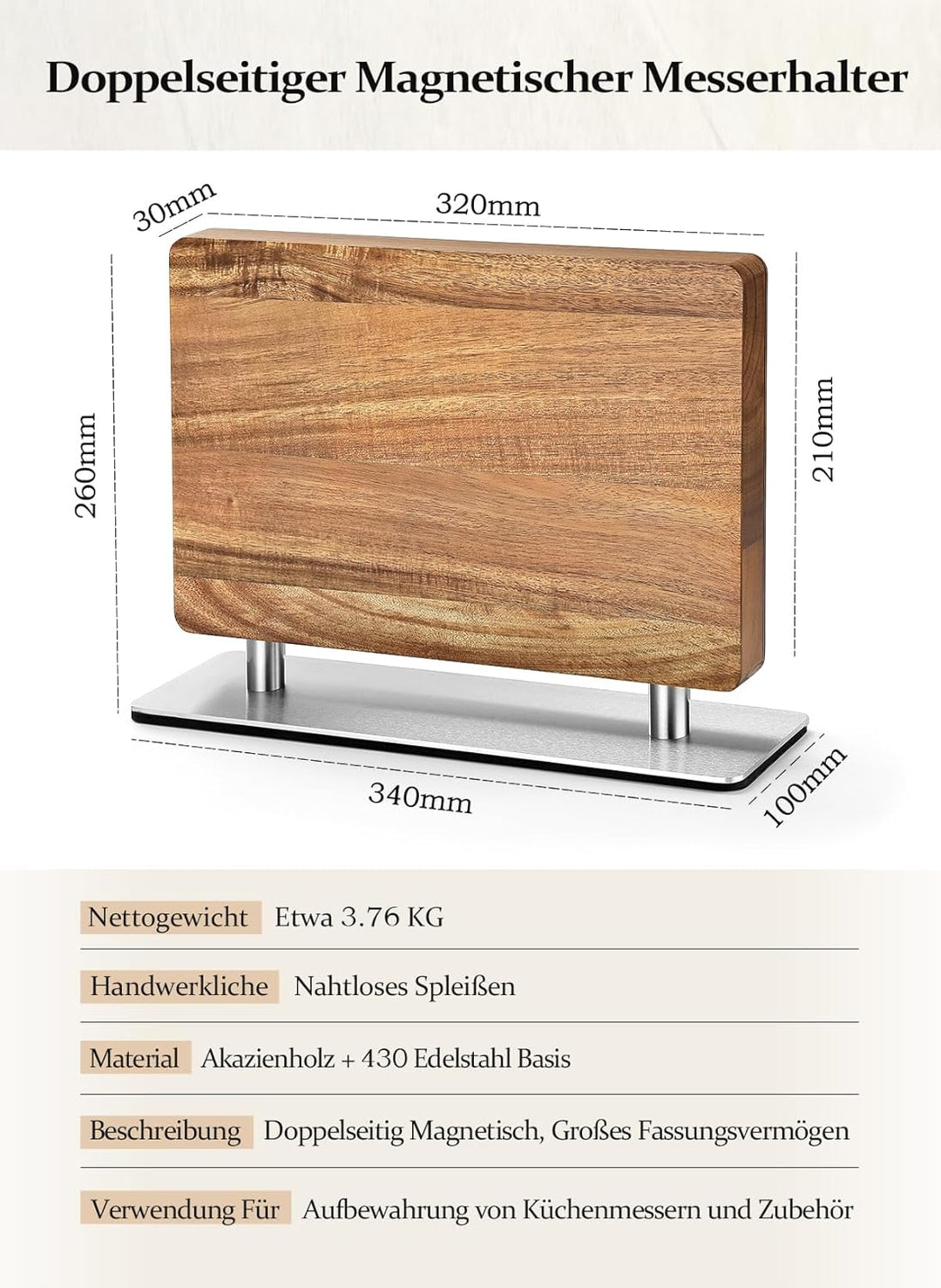 HEZHEN Magnetischer Messerhalter Holz, Doppelseitiger Starker Magnet Akazienholz Messerblock, mit Ed