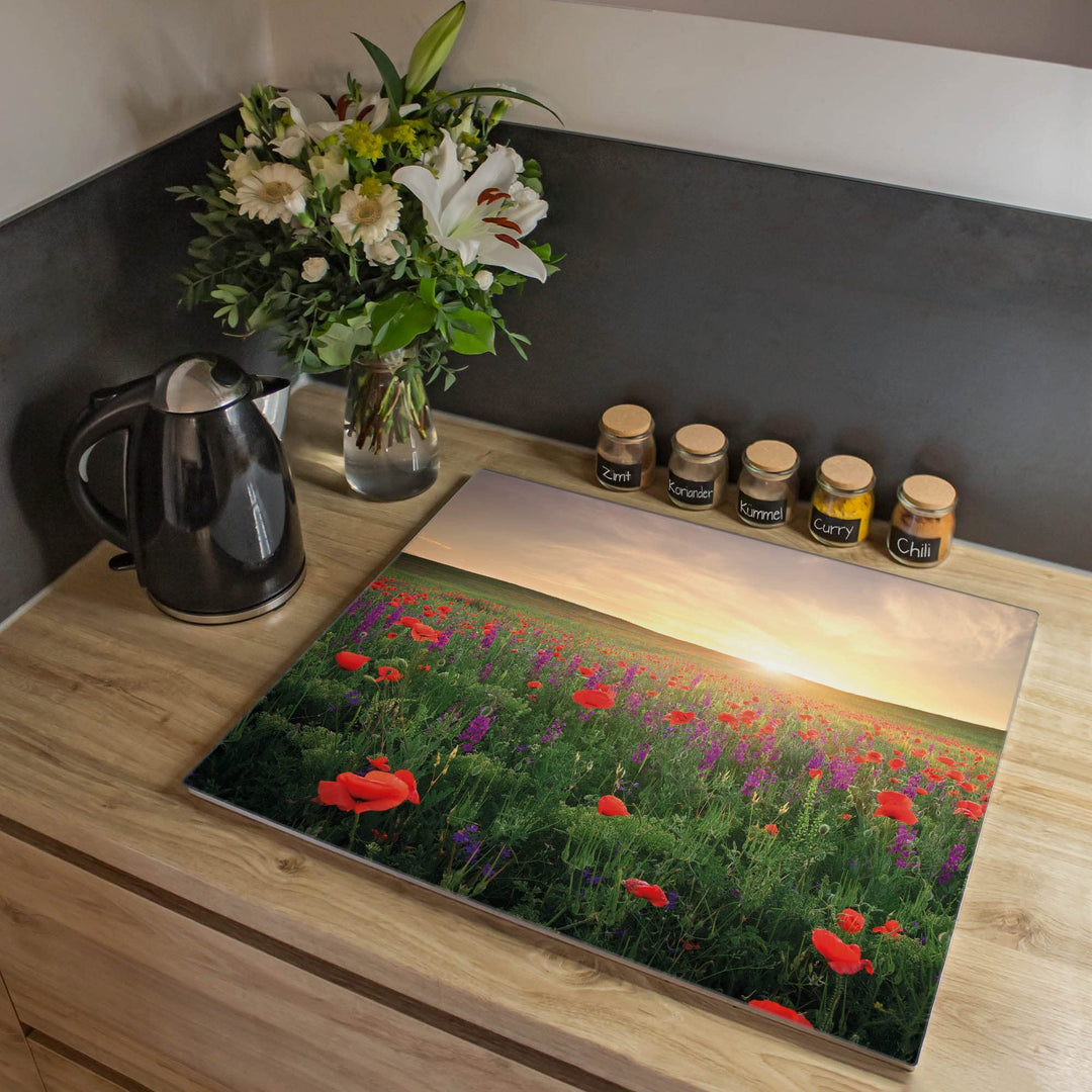 banjado® Herdabdeckplatte Glas 1-teilig 60x52 cm/Schneidebrett Herdabdeckung mit Motiv Sommerfeld/He