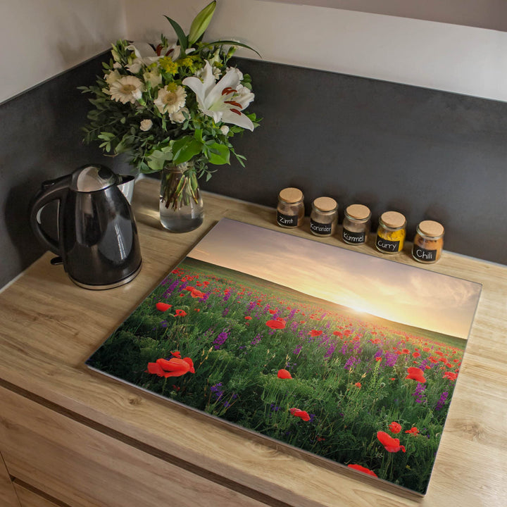 banjado® Herdabdeckplatte Glas 1-teilig 60x52 cm/Schneidebrett Herdabdeckung mit Motiv Sommerfeld/He