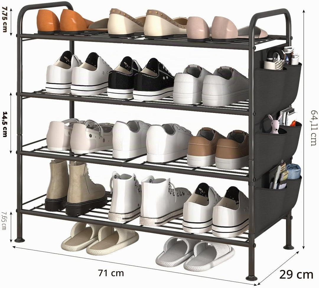 Schuhregal 4 Ebenen Schuhaufbewahrung Organizer Metall mit Seitentaschen für Flur, Schlafzimmer (Sch