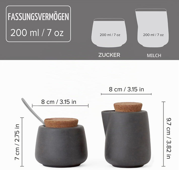 VIVA scandinavia Sahne- und Zuckermilchkännchen-Set mit Löffel, Porzellan, Model Nicola, matt Anthra