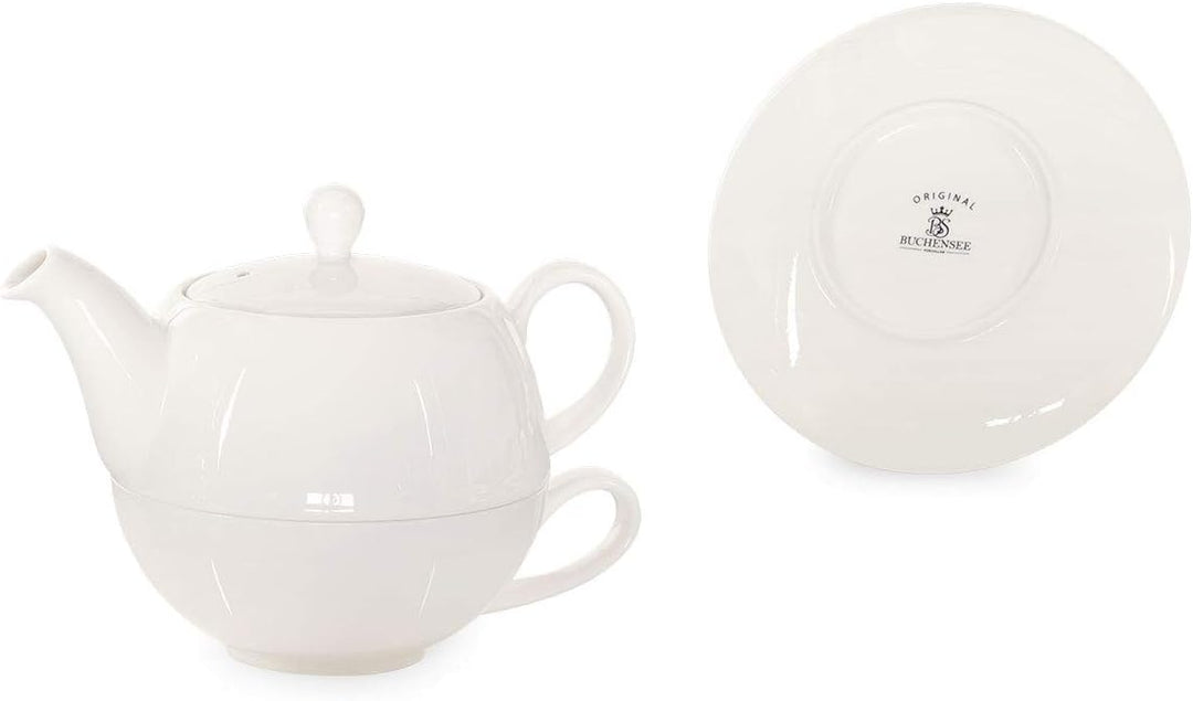 Tea for One mit Sieb Lena 500ml aus Crystal Bone China Porzellan in weiss. Teekanne + Teetasse + Unt