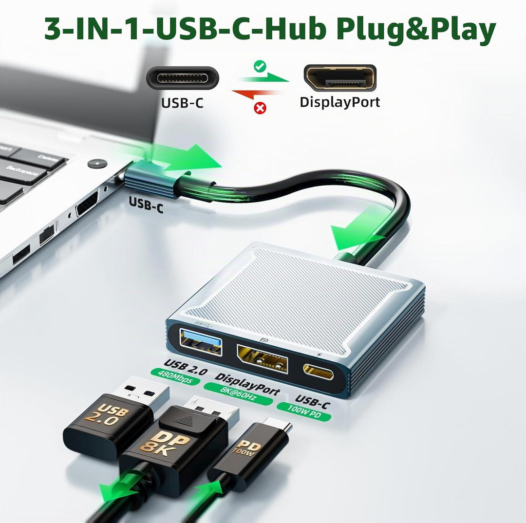 BolAAzuL 3-in-1 USB-C auf DisplayPort Multiport-Adapter, 1 DP 1.4 + 1 USB 2.0 + 1 PD, 8K 60 Hz/100 W