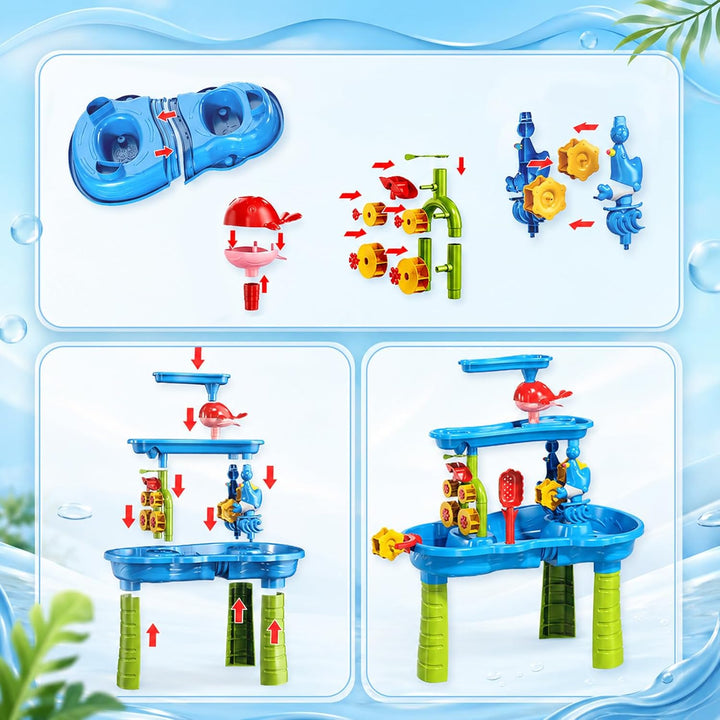 3-Stufiger Sand- und Wasser-Spieltisch für Kleinkinder, Wasserspieltisch Outdoor mit Regen-Effekt &amp;