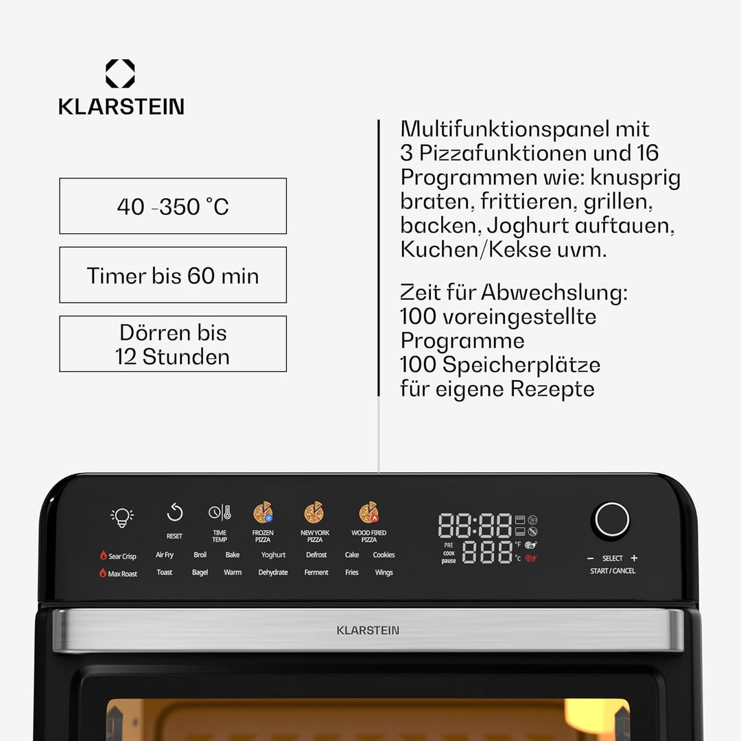 Klarstein AirGlaze Digital Heissluftfritteuse – 34 L, 2200 W, 19 Programme, Rotisserie, Touch Displa