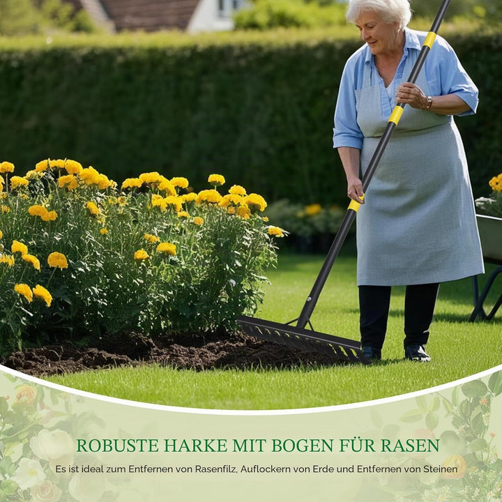 RAK Garten Rechen 189 cm, Metall Rechen Garten mit Stiel, Harke mit 12 Stahlzinken zum Lockern von B