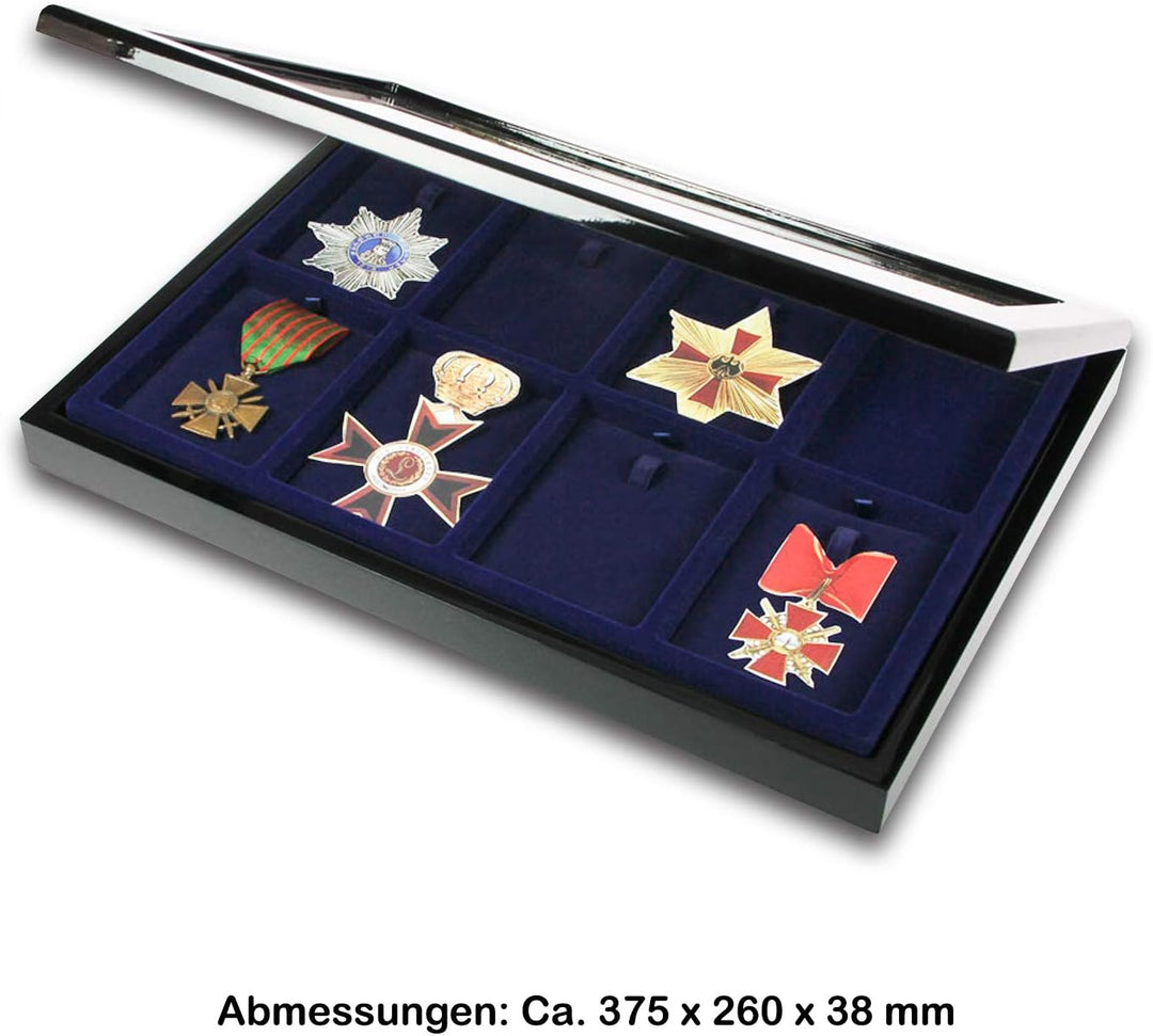 SAFE 5926 Echt Holz Vitrine schwarz hochglänzend für 8 Orden | Trägerkissen herausnehmbar | Abdeckun