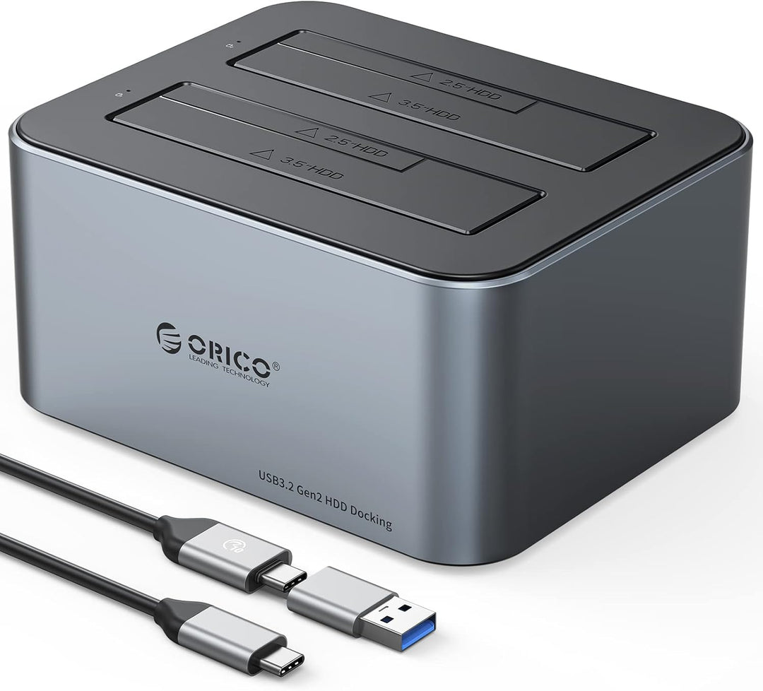 ORICO Aluminium Dual Festplatten Dockingstation, USB 3.2 Gen 2 Docking Station für SATA 2,5/3,5 Zoll