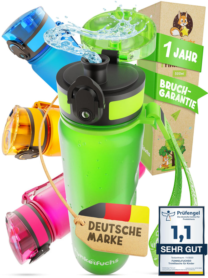 Funkelfuchs® - Trinkflasche für Kinder – 500ml, Grün – Kohlensäure geeignet - 100% auslaufsicher - W