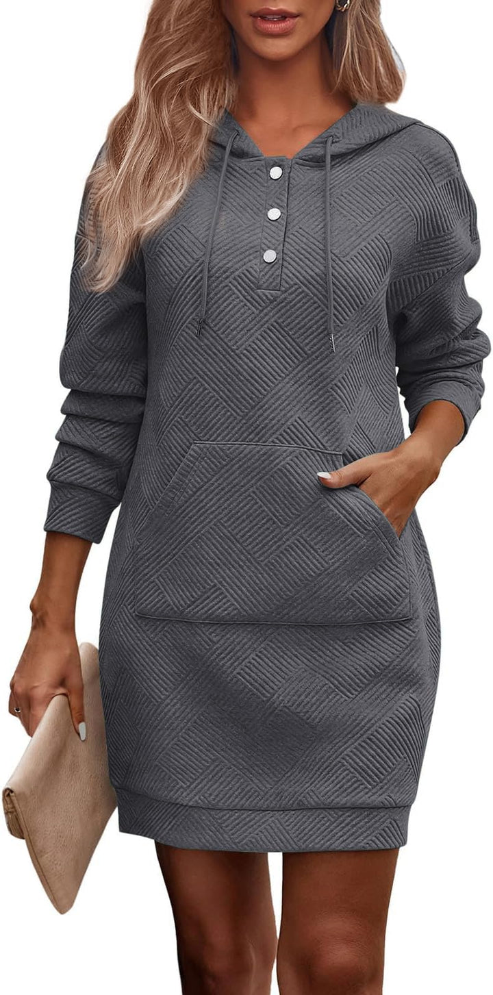 TrendiMax Damen Hoodie Kleid Herbst Übergangs Kapuzenpullover Sweatkleid Textur Knopf Langarm Sweats