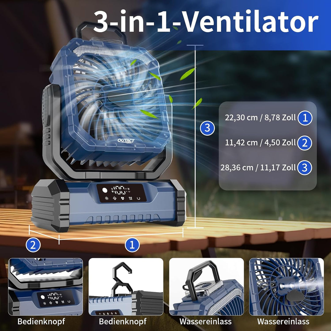 Ventilator Camping mit Sprühnebel, Akku Ventilator 20000mAh mit LED Licht, Haken, 270° Drehung, Trag