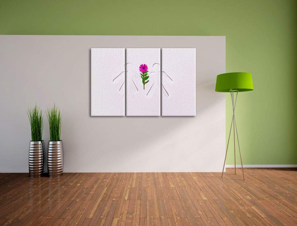 Strichmännchen mit Blume schwarz/weiss 3-Teiler Leinwandbild 120x80 Bild auf Leinwand, XXL riesige B