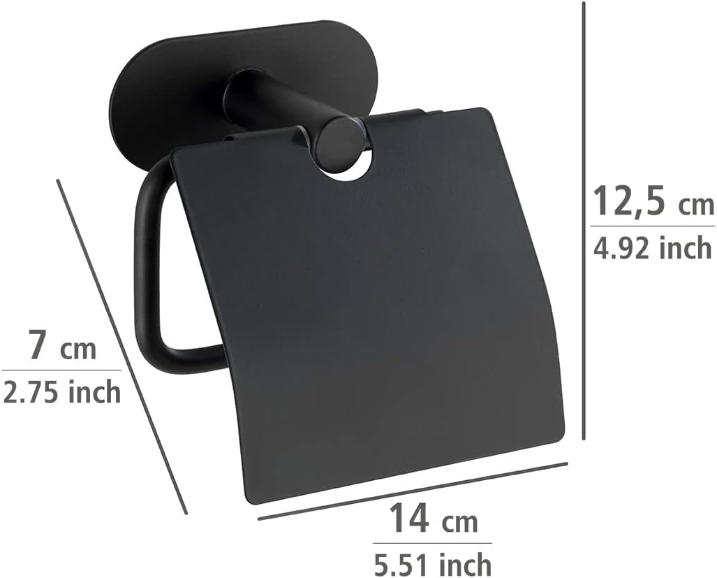 WENKO Turbo-Loc Toilettenpapierhalter mit Deckel Orea Black Matt, Befestigen ohne bohren, Papierroll