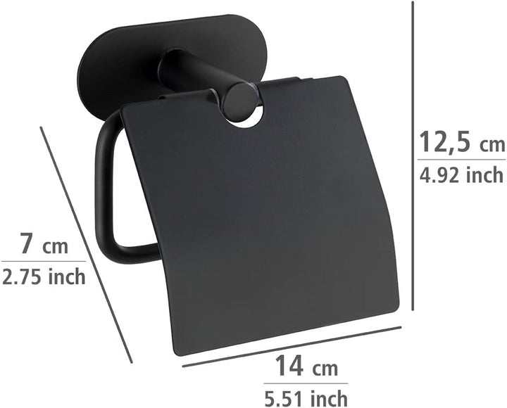 WENKO Turbo-Loc Toilettenpapierhalter mit Deckel Orea Black Matt, Befestigen ohne bohren, Papierroll