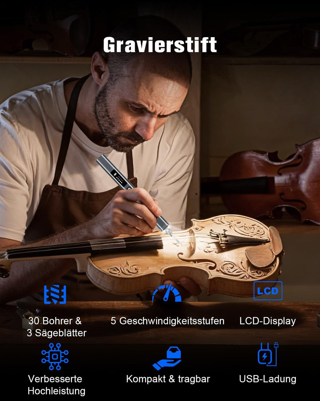 Gravierstift mit LCD Display & LED Licht, 31 Bits, 5 Gängen Elektrischer Gravur Stift, Kabelloses Gr