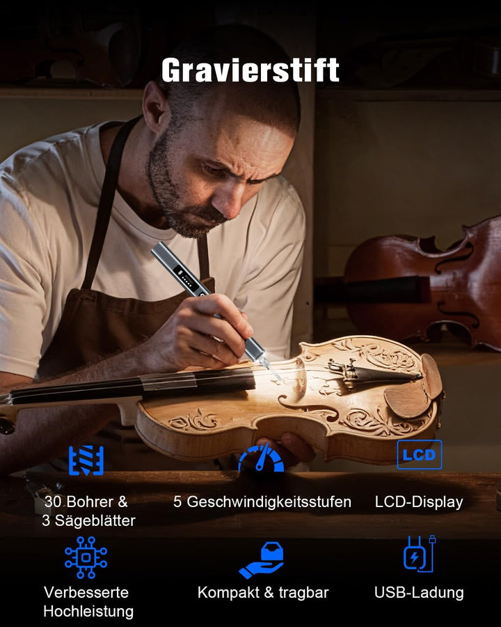 Gravierstift mit LCD Display & LED Licht, 31 Bits, 5 Gängen Elektrischer Gravur Stift, Kabelloses Gr