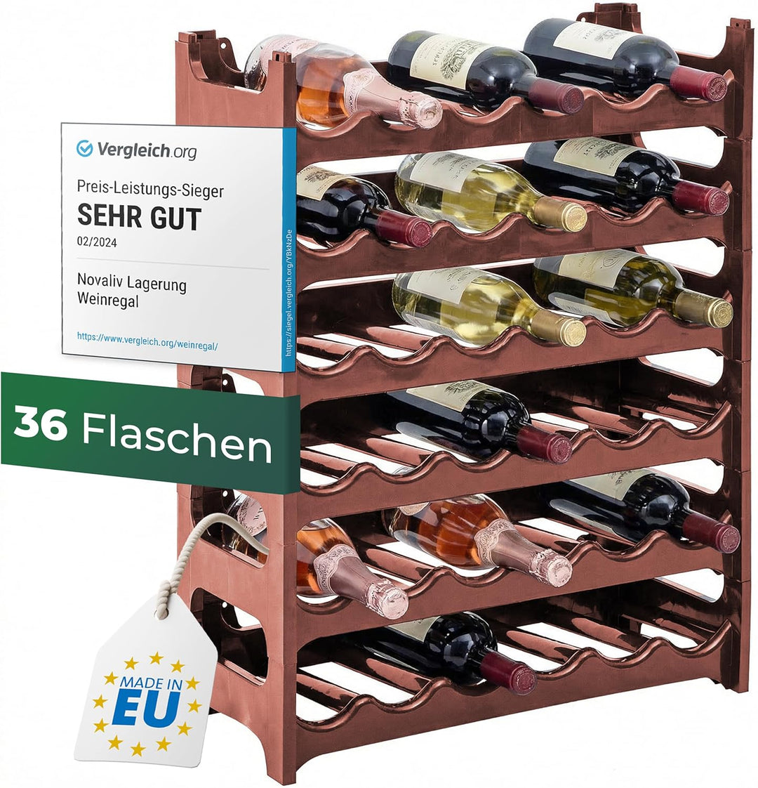 Novaliv Flaschenregal für 36 Flaschen aus Kunststoff, erweiterbar, Weinregal stapelbar, Braun, Geträ