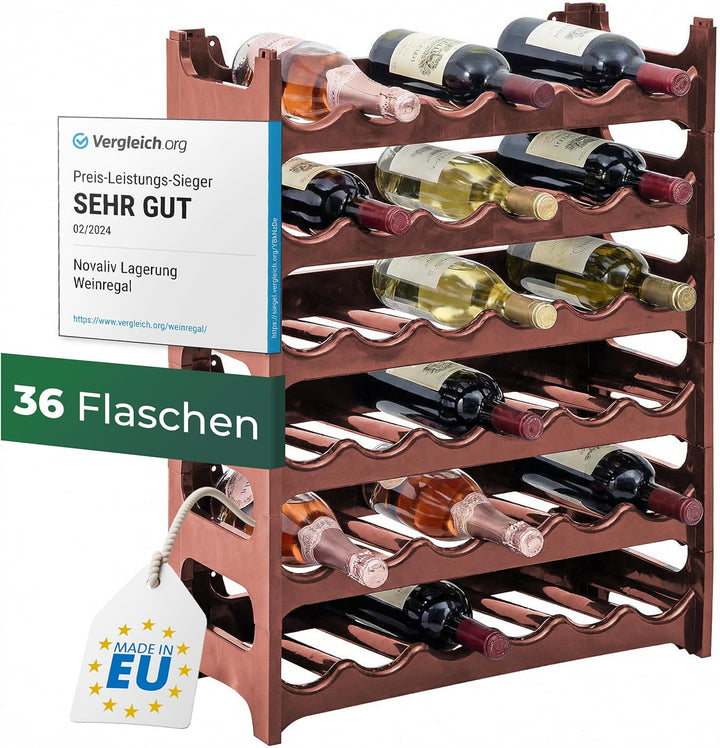 Novaliv Flaschenregal für 36 Flaschen aus Kunststoff, erweiterbar, Weinregal stapelbar, Braun, Geträ