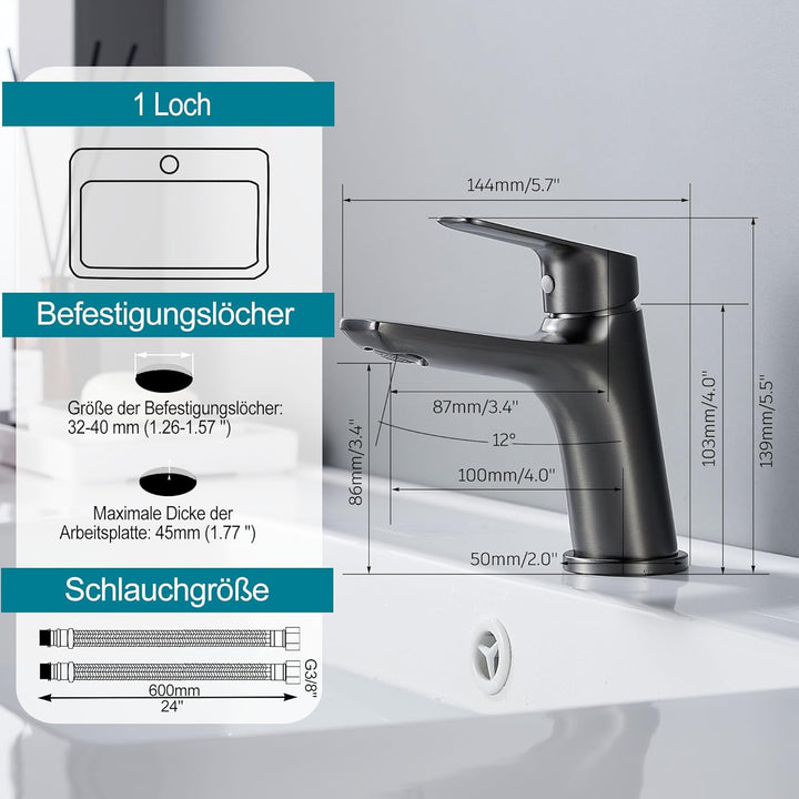 BELZ Wasserhahn Bad, Waschtischarmatur Einhandmischer Armatur Waschbecken mit Auslauf Höhe 86 MM, Me
