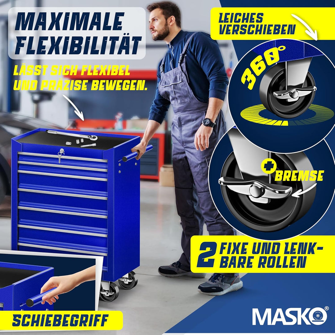 MASKO® Werkstattwagen - 7 Schubladen, blau ? Abschliessbar ? Massives Metall | Werkzeug-Wagen | Prof