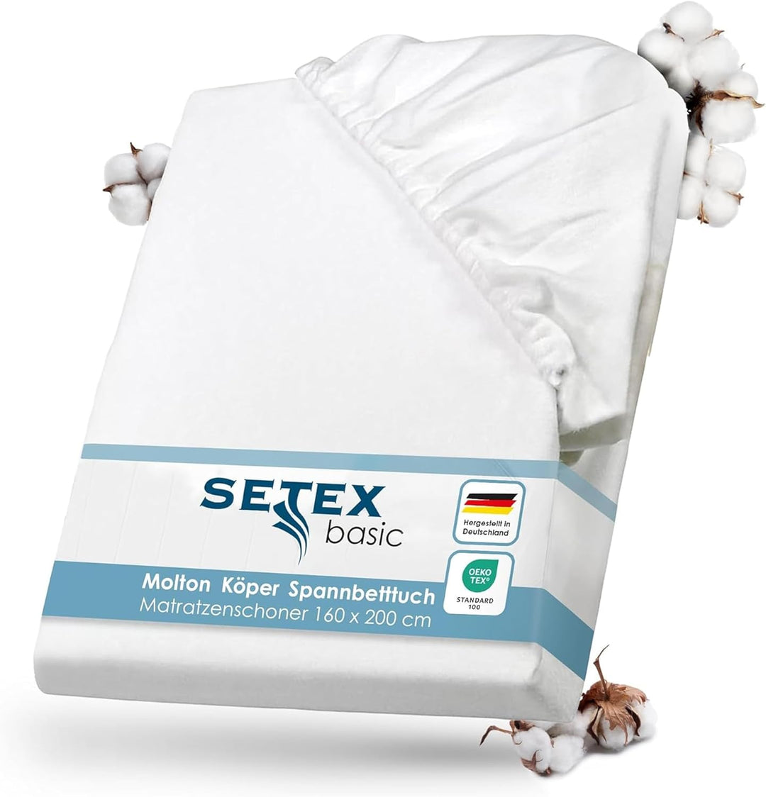 SETEX Molton Köper Matratzenschutz, 160 x 200 cm, Matratzenschoner aus 100 % Baumwolle, Basic, Weiss