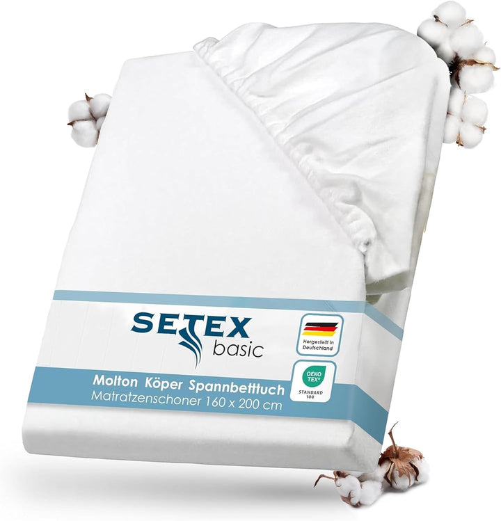 SETEX Molton Köper Matratzenschutz, 160 x 200 cm, Matratzenschoner aus 100 % Baumwolle, Basic, Weiss