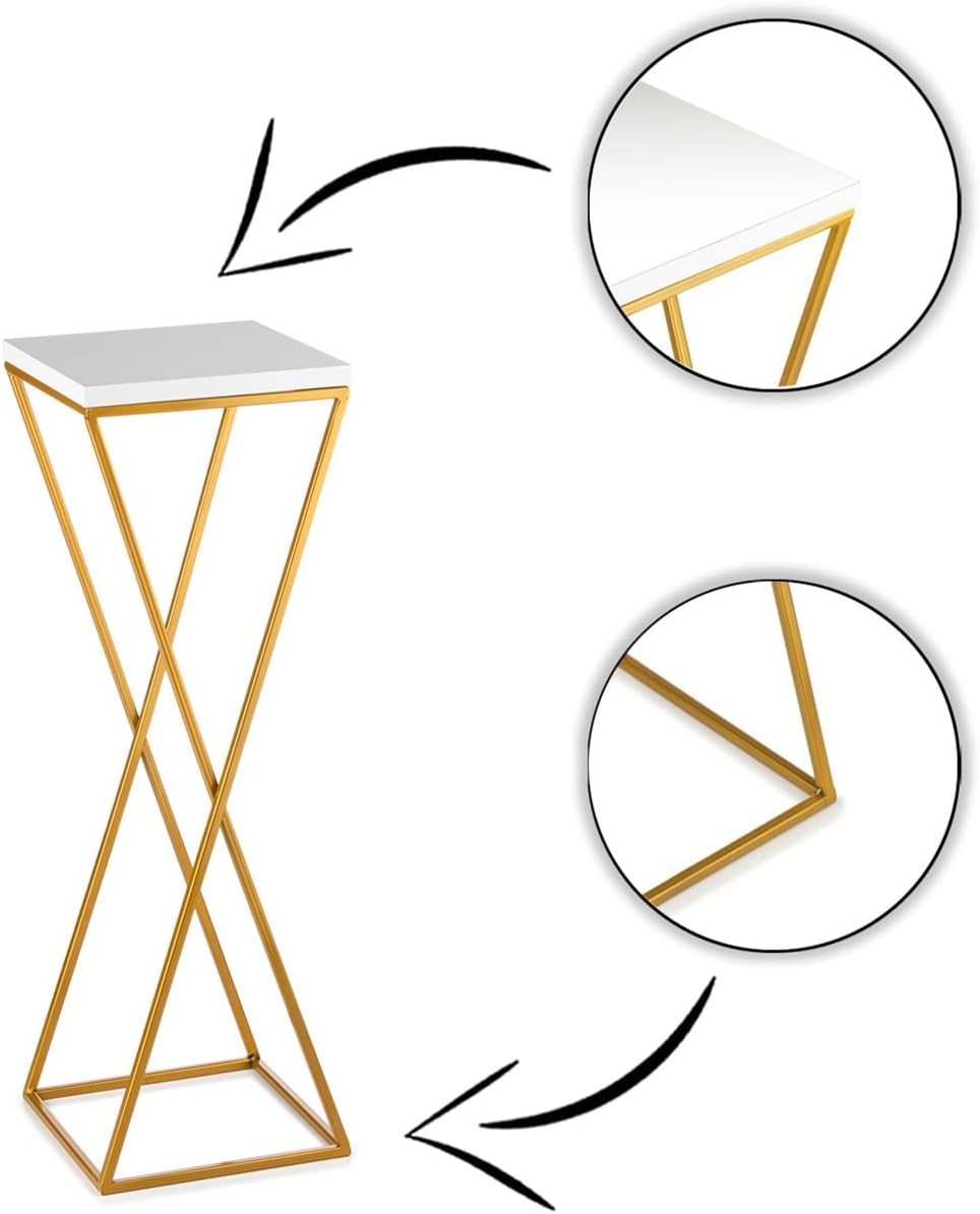 Pflanzenständer Metall 70 cm Hoch - Stabiler und Fester Blumenhocker mit Weiss MDF-Platte auf Gold S