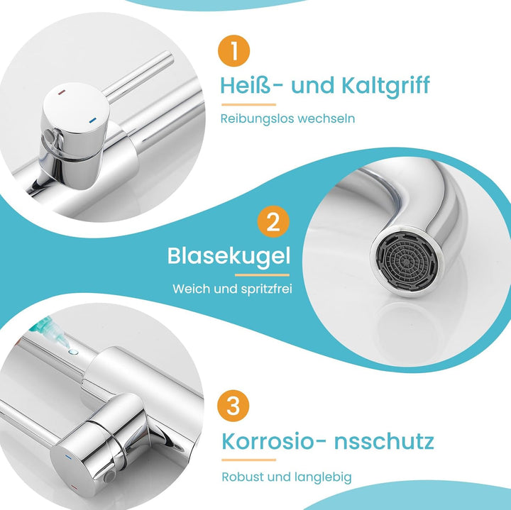 Wasserhahn Bad,Badarmatur/Küche Klein,360°drehbar,Einhebelmischer,Edelstahl Waschbeckenarmatur Chrom