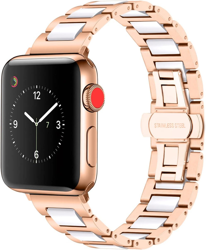 YISIWERA 49mm 45mm 44mm 42mm Armband Kompatibel für Apple Watch Weisse Keramik Roségold Metall Armba