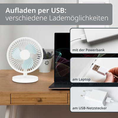 ADE Sehr leiser Tischventilator | USB Ventilator mit 3 Geschwindigkeitsstufen | 2.000 mAh Akku für b