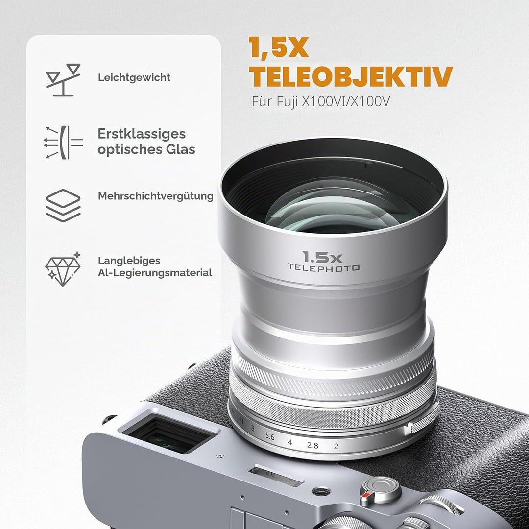 Freewell 1.5X Teleobjektiv Kompatibel mit Fuji X100VI X100V, Verbesserter Zoom und leichtes Design,